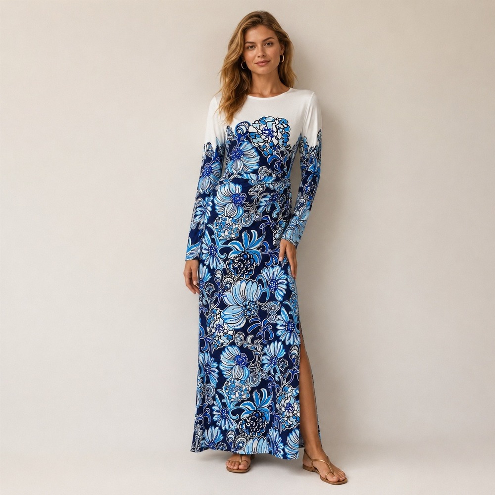 Lilly Pulitzer Nyla Maxi Dress L Blue Floral Long Sleeve Travel Coastal Vacation
